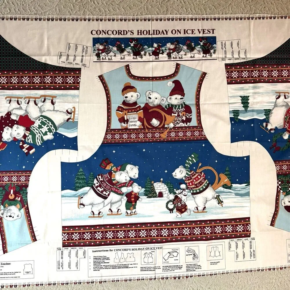Vtg Concord Cut &Sew Panel Holiday on Ice Skating Polar Bears Adult Vest S-XL